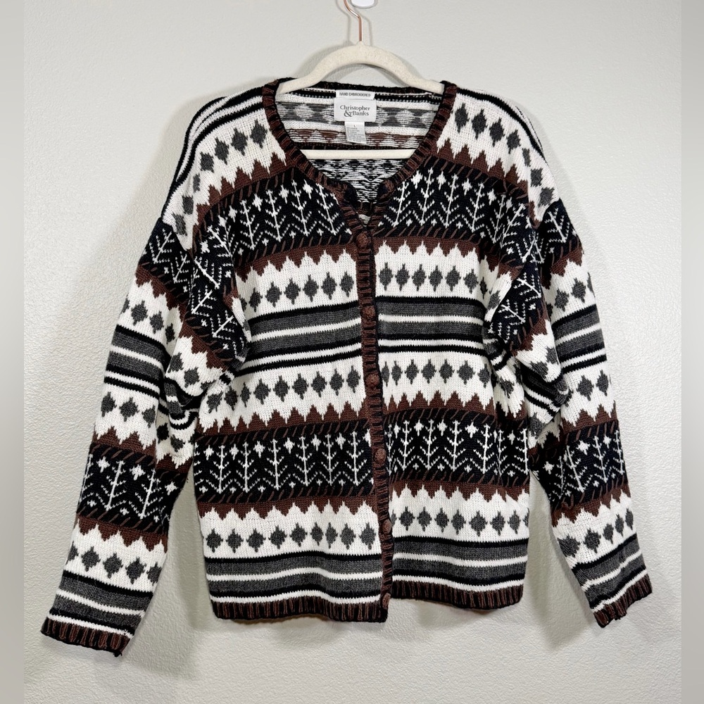 Vintage Christopher & Banks Cardigan Sweater Embroidered Norwegian Brown Women L